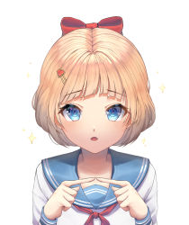 Rule 34 | 1girl, :o, absurdres, blonde hair, blue eyes, blue sailor collar, blush, bow, collarbone, commentary request, diffraction spikes, face, fingers together, hair bow, hair ornament, hairclip, heart, heart hair ornament, highres, index fingers raised, index fingers together, long sleeves, looking at viewer, lower teeth only, neckerchief, numim, open mouth, original, red bow, red neckerchief, sailor collar, school uniform, serafuku, shirt, short hair, simple background, solo, sparkle, sparkle background, sparkling eyes, teeth, white background, white shirt
