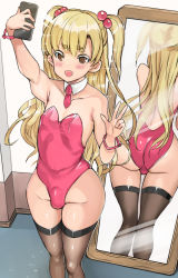 Rule 34 | 1boy, ass, back, blonde hair, blush, brown eyes, bulge, cellphone, coin rand, crossdressing, curvy, detached collar, highleg, highleg leotard, highres, holding, holding phone, leotard, long hair, male focus, male playboy bunny, mirror, necktie, open mouth, original, phone, pink leotard, red necktie, selfie, solo, thighhighs, trap, two side up, w