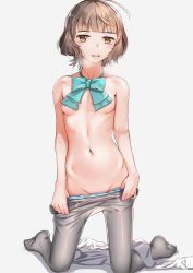 Rule 34 | 1girl, ahoge, aqua neckwear, blue panties, blunt bangs, blush, breasts, breath, brown eyes, brown hair, collarbone, commentary request, covering privates, covering breasts, grey pantyhose, groin, hair between eyes, highres, holding, kabayaki namazu, kantai collection, kishinami (kancolle), looking at viewer, navel, open mouth, panties, pantyhose, shirt, unworn shirt, short hair, simple background, small breasts, smile, solo, steam, underwear, undressing, wavy hair, white background, white shirt