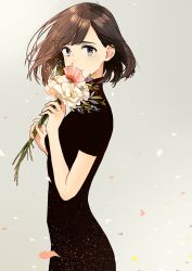 Rule 34 | 1girl, black dress, blue eyes, breasts, brown hair, closed mouth, covered mouth, cowboy shot, dress, eyelashes, female focus, floating hair, flower, flower over mouth, from side, grey background, hands up, holding, holding flower, kurokeisin, long dress, looking at viewer, original, petals, short hair, short sleeves, simple background, small breasts, smile, solo, wind