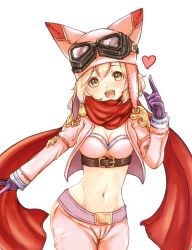 Rule 34 | 10s, 1girl, alternate costume, arm at side, blonde hair, blush, breasts, brown eyes, cleavage, crop top, cropped jacket, djeeta (granblue fantasy), granblue fantasy, groin, hat, jacket, looking at viewer, midriff, navel, nochan, open mouth, pink hat, pink jacket, red scarf, scarf, short hair, smile, solo