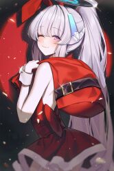 Rule 34 | 1girl, blue archive, blush, closed mouth, cowboy shot, grey hair, halo, highres, holding, holding sack, long hair, looking at viewer, mechanical halo, noa (blue archive), one eye closed, orecalc3092, ponytail, purple eyes, sack, santa costume, smile, solo