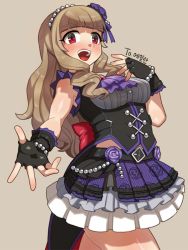 Rule 34 | 10s, 1girl, bad id, bad twitter id, belt, black gloves, bracelet, brown hair, center frills, eyebrows, fingerless gloves, flower, frills, gloves, grey background, hair flower, hair ornament, idolmaster, idolmaster cinderella girls, jewelry, kamiya nao, long hair, looking at viewer, nite (ku3456), open mouth, outstretched hand, pearl bracelet, red eyes, skirt, solo, standing, thick eyebrows, underbust
