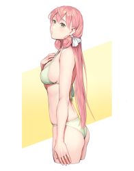 Rule 34 | 1girl, akashi (kancolle), ass, bare arms, bare legs, bare shoulders, bikini, breasts, cowboy shot, cropped legs, from side, green bikini, green eyes, hair between eyes, hair ribbon, hand on own chest, highres, kantai collection, large breasts, long hair, pink hair, ribbon, solo, swimsuit, tress ribbon, wedgie, white ribbon, yuuji (and)
