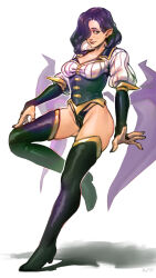 Rule 34 | 1girl, black footwear, boots, breasts, cameltoe, chevelle, cleavage, closed mouth, corset, demon girl, hair over one eye, high heel boots, high heels, highres, medium breasts, mole, mole under eye, original, pointy ears, purple hair, purple wings, simple background, smile, solo, specterwhite, thigh boots, thong, white background, wings, yellow eyes