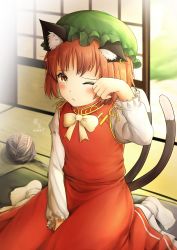 Rule 34 | 1girl, ;&lt;, ;3, absurdres, animal ear fluff, animal ears, blush, bow, bowtie, brown eyes, brown hair, cat ears, cat tail, chen, day, dress, earrings, flat chest, gold trim, hand up, hat, highres, indoors, jewelry, juliet sleeves, long sleeves, looking at viewer, mob cap, multiple tails, nekomata, one eye closed, puffy sleeves, red dress, short hair, single earring, sitting, solo, tail, tatami, touhou, two tails, wariza, yarn, yarn ball, yu cha