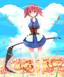 Rule 34 | 1girl, arms behind back, bare legs, breasts, cloud, day, female focus, flower, hair bobbles, hair ornament, large breasts, obi, onozuka komachi, red eyes, red hair, sash, scythe, short hair, sky, smile, solo, spider lily, standing, tatwuku, touhou, twintails, two side up, weapon