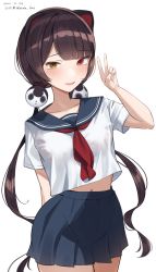 Rule 34 | 1girl, absurdres, animal ears, arm behind back, blue sailor collar, blue skirt, blush, brown eyes, brown hair, commentary request, cowboy shot, dated, dog ears, dog hair ornament, hair ornament, hand up, heterochromia, highres, hirota fruit, inui toko, long hair, looking at viewer, low twintails, navel, nijisanji, open mouth, pleated skirt, red eyes, sailor collar, school uniform, serafuku, shirt, short sleeves, simple background, skirt, smile, solo, standing, twintails, twitter username, v, very long hair, virtual youtuber, white background, white shirt