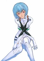 Rule 34 | 1girl, ayanami rei, blue hair, bodysuit, bracer, breasts, crossed arms, expressionless, gloves, head tilt, headgear, looking at viewer, neon genesis evangelion, official art, pilot suit, plugsuit, red eyes, shadow, short hair, signature, simple background, sitting, skinny, small breasts, solo, suzuki shunji, white background