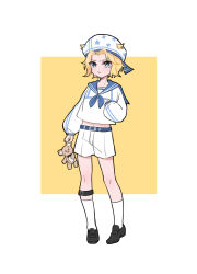 Rule 34 | 1boy, aged down, blue sailor collar, chuchumimipupu, commentary request, full body, hat, highres, johnny joestar, jojo no kimyou na bouken, knee strap, loafers, male focus, pout, sailor collar, sailor shirt, shirt, shoes, shorts, sleeves past wrists, socks, solo, star (symbol), star print, steel ball run, stuffed animal, stuffed toy, tearing up, teddy bear, white shorts, white socks