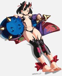 Rule 34 | 1girl, absurdres, ankle bow, ankle ribbon, artist name, asymmetrical bangs, barefoot, black hair, black nails, bow, breasts, censored feet, closed mouth, cosplay, creatures (company), earrings, eyelashes, fate/grand order, fate (series), feet, full body, game freak, green eyes, grey background, highres, horns, japanese clothes, jewelry, kimono, l4wless, leaning back, leg armor, leg ribbon, legs, looking at viewer, marnie (pokemon), multicolored clothes, multicolored kimono, nail polish, navel, nintendo, pointing, pointing down, pokemon, pokemon swsh, purple kimono, red bow, red kimono, revealing clothes, ribbon, shadow, short hair, shuten douji (fate), shuten douji (fate) (cosplay), simple background, sitting, skin-covered horns, small breasts, solo, stud earrings, thighs, toenail polish, toenails, toes, twitter username, weapon