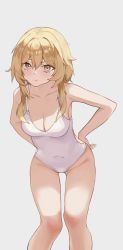 Rule 34 | 1girl, absurdres, armpits, bare arms, bare shoulders, blonde hair, breasts, cleavage, clothing cutout, collarbone, covered navel, frown, genshin impact, grey background, groin, hand on own hip, highres, leaning forward, looking at viewer, lumine (genshin impact), medium breasts, one-piece swimsuit, pout, short hair with long locks, side cutout, simple background, solo, soriham, standing, swimsuit, thighs, v-shaped eyebrows, white one-piece swimsuit, yellow eyes