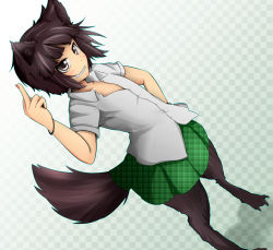Rule 34 | 1girl, animal ears, animal hands, annoyed, bad id, bad pixiv id, bangle, bracelet, brown eyes, brown hair, checkered background, clenched teeth, collarbone, collared shirt, dutch angle, flat chest, hand on own hip, jewelry, middle finger, miniskirt, monster girl, nail polish, open clothes, open shirt, original, plaid, plaid skirt, shirt, short hair, short sleeves, skirt, solo, tail, teeth, tsurime, wakagashira, werewolf, wolf-chan, wolf ears, wolf tail