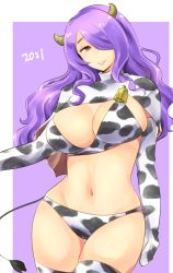 Rule 34 | 1girl, 2021, animal ears, animal print, bad id, bad pixiv id, bell, breasts, camilla (fire emblem), cleavage, cow girl, cow horns, cow print, cow tail, cowbell, elbow gloves, fire emblem, fire emblem awakening, gloves, hair over one eye, highres, horns, large breasts, long hair, looking at viewer, nintendo, purple eyes, purple hair, shougayaki (kabayaki 3), smile, solo, tail, turtleneck