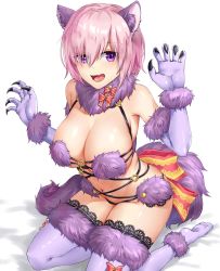 Rule 34 | 1girl, :d, animal ears, arm up, bare shoulders, bed sheet, blush, breasts, chitu hefeng zhong, claw pose, claws, cleavage, elbow gloves, eyes visible through hair, fang, fate/grand order, fate (series), fur-trimmed gloves, fur-trimmed legwear, fur collar, fur trim, gloves, groin, hair over one eye, hand up, highres, kneeling, lace, lace-trimmed legwear, lace trim, large breasts, mash kyrielight, mash kyrielight (dangerous beast), navel, no shoes, o-ring, official alternate costume, open mouth, pink hair, purple eyes, purple gloves, purple thighhighs, revealing clothes, smile, soles, solo, tail, thighhighs, white background, wolf ears, wolf girl, wolf tail