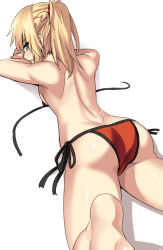 Rule 34 | 1girl, ass, bare back, bikini, blonde hair, blush, braid, breasts, fate/grand order, fate (series), french braid, from behind, green eyes, long hair, looking at viewer, lying, mordred (fate), mordred (fate) (all), mordred (fate/apocrypha), mordred (swimsuit rider) (fate), mordred (swimsuit rider) (first ascension) (fate), on stomach, parted lips, ponytail, profile, red bikini, shiseki hirame, side-tie bikini bottom, small breasts, solo, swimsuit, the pose, untied bikini