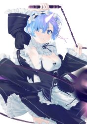 1girl ball_and_chain_(weapon) black_dress blue_hair breasts demon_girl dress highres holding holding_weapon horns iva_(iva4111) large_breasts medium_hair re:zero_kara_hajimeru_isekai_seikatsu rem_(re:zero) roswaal_mansion_maid_uniform single_horn solo weapon