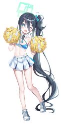 Rule 34 | 1girl, alternate costume, aris (blue archive), black hair, blue archive, blue eyes, blush, cheerleader, commentary, contrapposto, criss-cross halter, cross-laced footwear, detached collar, dot nose, full body, ha en, halo, halterneck, highres, holding, holding pom poms, long bangs, long hair, looking at viewer, millennium cheerleader outfit (blue archive), miniskirt, one eye closed, open mouth, pleated skirt, pom pom (cheerleading), pom poms, side ponytail, sidelocks, simple background, skirt, solo, standing, very long hair, white background
