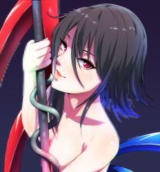 Rule 34 | 1girl, asymmetrical wings, black hair, breasts, censored, collarbone, gradient background, houjuu nue, looking at viewer, medium breasts, mosaic censoring, nude, open mouth, pointless censoring, pole, pole dancing, red eyes, short hair, smile, snake, solo, stripper pole, touhou, upper body, weapon, wings, yocchi (tenyunkel)