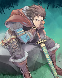 Rule 34 | 1boy, boots, brown gloves, brown hair, capelet, closed eyes, gloves, hpa (foolish factory), knee boots, lace-up, male focus, manly, planted sword, planted, rock, scabbard, sheath, sheathed, short hair, sigmund (reginleiv), sitting, sleeping, sleeping upright, solo, sword, weapon, zangeki no reginleiv