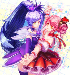 Rule 34 | 2girls, arm warmers, choker, detached sleeves, dress, eyelashes, hair ornament, holding hands, happy, heart, heterochromia, highres, long hair, looking at viewer, magical girl, mochisoldier, multiple girls, open mouth, original, pink hair, ponytail, precure, purple dress, purple hair, purple skirt, red eyes, short hair, skirt, smile, thighhighs, wrist cuffs, yellow eyes