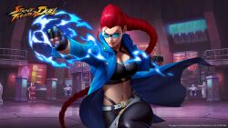 Rule 34 | belt, blue jacket, braid, crimson viper, fighting stance, glasses, hazmat suit, hexagon, highres, jacket, laboratory, ladder, midriff, official alternate costume, official art, pants, pompadour, punching, red hair, screen, sparks, studded gloves, tight clothes, tight pants, window