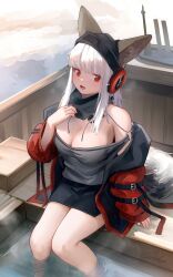 Rule 34 | 1girl, :d, absurdres, animal ears, arknights, bare legs, bare shoulders, black skirt, blush, breasts, cleavage, clothes pull, commentary request, diamond-shaped pupils, diamond (shape), fox ears, fox girl, fox tail, frostleaf (arknights), grey shirt, hand up, happy, headphones, highres, jacket, jacket pull, knees together feet apart, long hair, looking at viewer, material growth, medium breasts, miniskirt, off-shoulder shirt, off shoulder, open clothes, open jacket, open mouth, oripathy lesion (arknights), red eyes, red jacket, shirt, sitting, skirt, smile, solo, symbol-shaped pupils, tail, very long hair, wading, welt (kinsei koutenkyoku), white hair