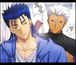 Rule 34 | 2boys, akujiki59, archer (fate), artist name, black shirt, blue jacket, blurry, brush, brushing, closed mouth, collarbone, commentary request, cu chulainn (fate), cu chulainn (fate/stay night), drooling, earrings, closed eyes, fate (series), grey shirt, holding, hood, hooded jacket, jacket, jewelry, lens flare, male focus, mouth drool, multiple boys, official style, parted lips, shirt, sleeping, spiked hair, spoken squiggle, spoken zzz, squiggle, sweatdrop, upper body, watermark, white hair, zzz