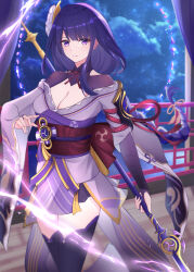 Rule 34 | absurdres, armor, black thighhighs, blunt bangs, blurry, blurry background, braid, breasts, bridal gauntlets, cleavage, cowboy shot, electricity, engulfing lightning (genshin impact), flower, genshin impact, hair ornament, highres, holding, holding polearm, holding weapon, japanese clothes, kimono, kyun (tokkyun), long hair, low-braided long hair, low-tied long hair, medium breasts, mitsudomoe (shape), neck ribbon, night, night sky, obi, obiage, obijime, parted bangs, parted lips, pelvic curtain, polearm, purple eyes, purple flower, purple hair, purple kimono, raiden shogun, red ribbon, ribbon, sash, shoulder armor, shrug (clothing), sky, star (sky), thighhighs, tomoe (symbol), weapon, wide sleeves