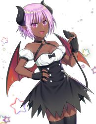 Rule 34 | 1girl, :d, bare shoulders, black dress, black gloves, black thighhighs, blush, breasts, buttons, cleavage, collarbone, cowboy shot, dark-skinned female, dark skin, demon girl, demon horns, demon tail, demon wings, detached sleeves, double-breasted, dress, dutch angle, fang, fingerless gloves, gloves, hand on own hip, highres, horns, looking at viewer, open mouth, pink hair, pointy ears, puffy short sleeves, puffy sleeves, purple eyes, shiyano, short hair, short sleeves, simple background, small breasts, smile, solo, standing, star (symbol), tail, thighhighs, white background, wings, zettai ryouiki