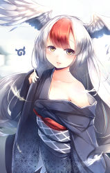 Rule 34 | 10s, 1girl, :d, absurdres, collarbone, commentary request, feathers, head wings, headband, highres, japanese clothes, jewelry, kanzakietc, kemono friends, kimono, long hair, long sleeves, looking at viewer, multicolored hair, obi, off shoulder, open mouth, red-crowned crane (kemono friends), red hair, sash, silver hair, single bare shoulder, smile, solo, wide sleeves, wings, yellow eyes