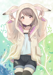 1girl absurdres animal_ears animal_hood arms_up black_choker black_shorts black_thighhighs blush braid brown_eyes brown_hair brown_jacket camisole choker closed_mouth collarbone cowboy_shot fake_animal_ears hair_over_shoulder hands_on_own_earrings heterochromia highres hood hood_up hooded_jacket jacket long_hair long_sleeves looking_at_viewer original purple_eyes rabbit_ears rabbit_hood ryoku_sui short_shorts shorts single_braid smile solo thighhighs water white_camisole wide_sleeves