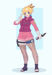 Rule 34 | 1girl, absurdres, adapted costume, alternate costume, bandaged arm, bandaged hand, bandages, blonde hair, blue eyes, commentary, earrings, english commentary, fishnet legwear, fishnets, fonteart, forehead protector, gem, hair bun, hand gesture, highres, jacket, jewelry, kunai, lipstick, makeup, mario (series), naruto (series), ninja, nintendo, parted lips, pink jacket, pink shirt, pink shorts, pouch, princess peach, riz, sandals, shirt, shorts, single hair bun, solo, turtleneck, uniform, weapon