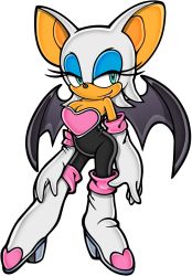 Rule 34 | 1girl, animal ears, aqua eyes, bare shoulders, bat ears, bat wings, boots, breasts, cleavage, contrapposto, eyelashes, eyeshadow, furry, furry female, gloves, half-closed eyes, hand on leg, high heels, highres, lips, lipstick, looking away, makeup, official art, pink lips, rouge the bat, simple background, smile, smirk, solo, standing, thigh boots, thighhighs, uekawa yuji, unitard, white background, white footwear, white gloves, wings