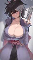 Rule 34 | 1girl, arm under breasts, black hair, black pants, breasts, cleavage, closed mouth, collarbone, cowboy shot, elbow gloves, fingerless gloves, frown, fujibayashi sheena, gloves, hair between eyes, high ponytail, highres, holding, japanese clothes, large breasts, looking at viewer, obi, open clothes, pants, pink eyes, pink sash, raised eyebrow, sash, solo, tales of (series), tales of symphonia, talisman, wabimochi