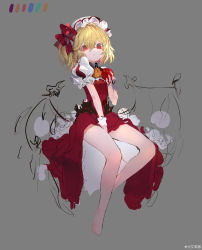 Rule 34 | 1girl, absurdres, aishujiang, apple, ascot, bare legs, barefoot, between legs, blonde hair, blush, bow, chinese commentary, collared shirt, color guide, commentary, dress, fang, flandre scarlet, food, fruit, full body, hair between eyes, hand between legs, hat, hat bow, highres, holding, holding food, holding fruit, incredibly absurdres, looking at viewer, medium hair, mob cap, puffy short sleeves, puffy sleeves, red bow, red dress, red eyes, shirt, short sleeves, sketch, skin fang, slit pupils, solo, touhou, triangle mouth, weibo logo, weibo watermark, white hat, white shirt, wings, wrist cuffs, yellow ascot