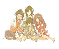 Rule 34 | 2boys, 2girls, bandages, black hair, brothers, child, closed eyes, commentary request, crossed arms, dororo (character), dororo (tezuka), floral print, hands in opposite sleeves, hyakkimaru (dororo), japanese clothes, long hair, mio (dororo), multiple boys, multiple girls, ponytail, prosthesis, prosthetic arm, siblings, sidelocks, simple background, sitting, smile, tahoumaru, twitter username, white background, yuo0ko