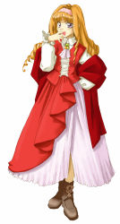 Rule 34 | 1girl, arm behind back, blonde hair, blush, boots, breasts, collar, collared dress, dress, drill hair, etoile rosenqueen, facing viewer, female focus, frilled sleeves, frills, hairband, hand on own face, highres, jewelry, long dress, long hair, long sleeves, looking at viewer, marl kingdom, neck ribbon, nippon ichi, official art, open mouth, puppet princess (marl kingdom), purple eyes, rhapsody, ribbon, simple background, smile, solo, white background