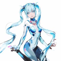Rule 34 | 1girl, blue eyes, blue hair, bodysuit, breasts, closed mouth, commentary, english commentary, expressionless, hatsune miku, headgear, highres, interface headset, legs up, lips, long hair, looking at viewer, pilot suit, plugsuit, small breasts, solo, twintails, very long hair, viorie, vocaloid, white background, white bodysuit