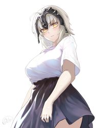 Rule 34 | 1girl, bad id, bad pixiv id, black skirt, blush, breasts, closed mouth, commentary request, fate/apocrypha, fate/grand order, fate (series), hair between eyes, headpiece, highres, huyou (awegk), jeanne d&#039;arc (fate), jeanne d&#039;arc alter (avenger) (fate), jeanne d&#039;arc alter (fate), large breasts, long hair, shirt, short sleeves, signature, silver hair, simple background, skirt, solo, sweat, white background, white shirt, yellow eyes