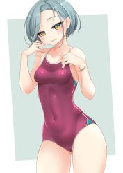 Rule 34 | 1girl, absurdres, adapted costume, breasts, cameltoe, collarbone, covered navel, forehead, grey hair, highres, kantai collection, makura (y makura), mole, mole on neck, one-piece swimsuit, short hair, small breasts, solo, standing, swept bangs, swimsuit, tamanami (kancolle), yellow eyes