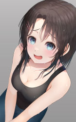 Rule 34 | 1girl, absurdres, bang dream!, black hair, black tank top, blue eyes, breasts, cleavage, collarbone, dutch angle, hair ornament, hairclip, highres, looking at viewer, medium breasts, okusawa misaki, open mouth, parted bangs, simple background, solo, sweat, tank top, user mhjv3253