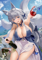 Rule 34 | 1girl, animal ear fluff, animal ears, azur lane, blue butterfly, blue collar, blue dress, blue eyes, bottle, breasts, bug, butterfly, center opening, collar, cup, dress, drinking glass, dutch angle, evening gown, flying, fox ears, giant, giantess, halter dress, halterneck, highres, holding, holding bottle, huge breasts, insect, kitsune, kyuubi, large tail, lower teeth only, multiple tails, official alternate costume, open mouth, shinano (azur lane), shinano (dreams of the hazy moon) (azur lane), sleeveless, sleeveless dress, solo, tail, teeth, thighs, vanhot, water, white tail, wine bottle, wine glass, wrist flower
