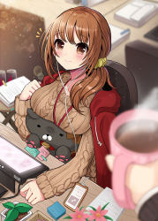 Rule 34 | 1girl, blurry foreground, blush, breasts, brown hair, brown sweater, chair, coffee, coffee mug, cup, desk, digital media player, earbuds, earphones, hand up, hood, hood down, hoodie, indoors, kei s01, large breasts, lens flare, looking at viewer, mug, original, paper, phone, plant, potted plant, red hoodie, scrunchie, sitting, smile, solo focus, sticky note, stuffed animal, stuffed cat, stuffed toy, sweater, tablet pc, yellow scrunchie