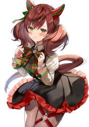 Rule 34 | 1girl, animal ears, black dress, black pantyhose, blush, bow, brown eyes, brown hair, closed mouth, commentary request, dress, ear covers, ear ribbon, frilled dress, frills, green bow, hair between eyes, highres, horse ears, horse girl, horse tail, long hair, long sleeves, looking at viewer, multicolored hair, nice nature (umamusume), pantyhose, puffy sleeves, satoupote, shirt, simple background, smile, solo, standing, streaked hair, tail, thigh strap, twintails, umamusume, white background, white shirt