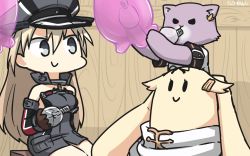 Rule 34 | 1girl, anchor hair ornament, armor, balloon, bismarck (kancolle), black serafuku, blonde hair, blue eyes, breastplate, brown gloves, cat, commentary request, cross, detached sleeves, gloves, grey legwear, hair flaps, hair ornament, hamu koutarou, hat, highres, iron cross, kantai collection, long hair, military, military hat, military uniform, one-hour drawing challenge, peaked cap, remodel (kantai collection), scarf, school uniform, serafuku, tama (kancolle), the yuudachi-like creature, uniform, white scarf, yuudachi (kancolle)