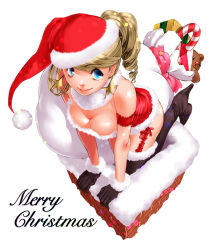 Rule 34 | 1girl, blonde hair, blue eyes, boots, breasts, candy, christmas, cleavage, denkiushi, dress, drill hair, earrings, english text, female focus, food, gift, gloves, hat, high heel boots, high heels, jewelry, looking up, merry christmas, original, santa costume, shoes, smile, stuffed animal, stuffed toy, teddy bear, thigh boots, thighhighs, twin drills