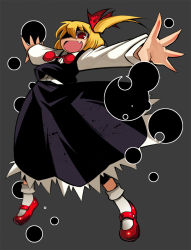 Rule 34 | 1girl, blonde hair, crazy eyes, danmaku, embodiment of scarlet devil, fang, female focus, foreshortening, full body, grey background, hair ribbon, mary janes, nada haruka, open mouth, outstretched arms, ponytail, red eyes, ribbon, rumia, shoes, short hair, side ponytail, simple background, solo, spread arms, standing, touhou