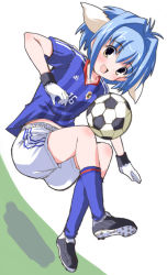 Rule 34 | 00s, 1girl, 2002 fifa world cup, ball, blue socks, broccoli (company), clothes writing, galaxy angel, japan, mint blancmanche, playing sports, shinshin, simple background, soccer, soccer ball, socks, solo, telstar, white background, world cup