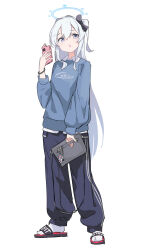 Rule 34 | 1girl, alternate costume, bag, black pants, blue archive, blue halo, blue shirt, cellphone, full body, grey hair, hair between eyes, halo, highres, holding, holding bag, holding phone, long hair, long sleeves, miyako (blue archive), no halo, one side up, open mouth, osisio, pants, phone, puffy long sleeves, puffy sleeves, purple eyes, shirt, simple background, sketch, slippers, smartphone, socks, solo, white background, white socks
